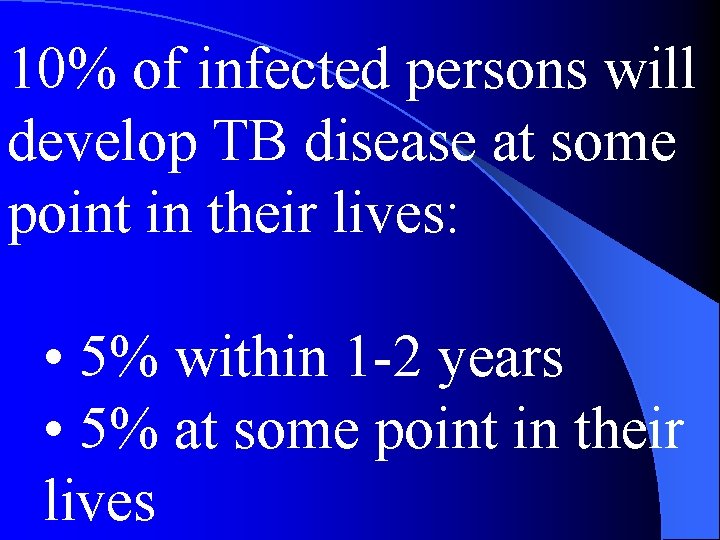 10% of infected persons will develop TB disease at some point in their lives: