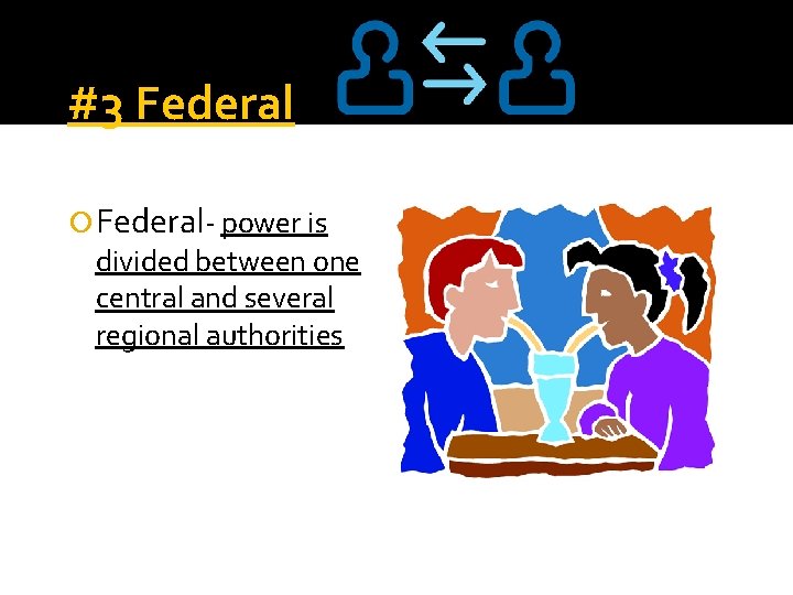#3 Federal- power is divided between one central and several regional authorities 