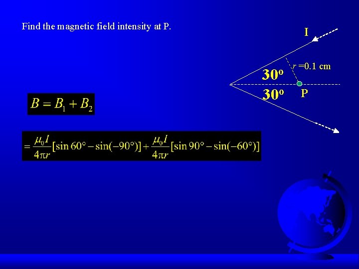 Find the magnetic field intensity at P. I 30 o r =0. 1 cm