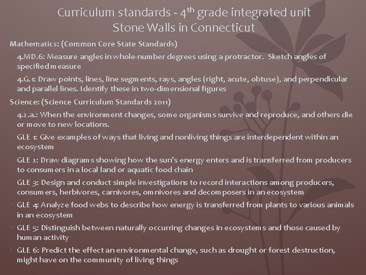 Curriculum standards - 4 th grade integrated unit Stone Walls in Connecticut Mathematics: (Common