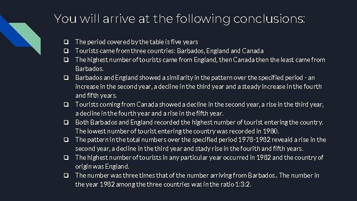 You will arrive at the following conclusions: ❏ The period covered by the table You will arrive at the following conclusions: ❏ The period covered by the table