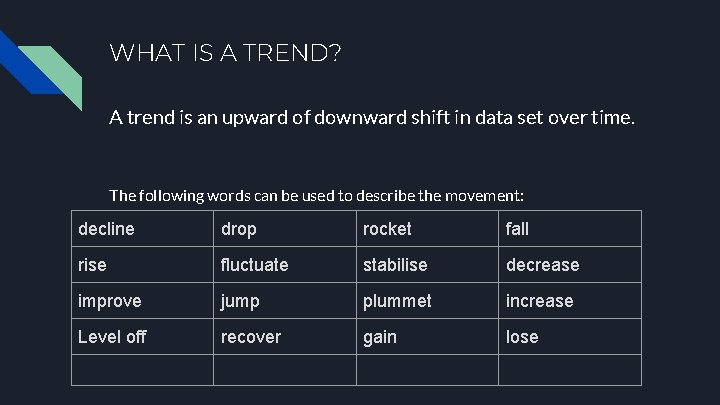 WHAT IS A TREND? A trend is an upward of downward shift in data WHAT IS A TREND? A trend is an upward of downward shift in data