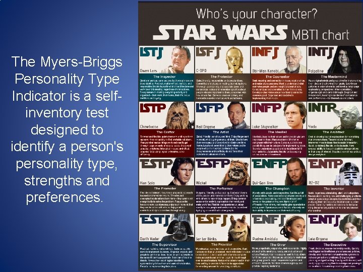 The Myers-Briggs Personality Type Indicator is a selfinventory test designed to identify a person's