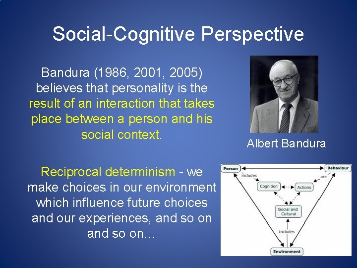 Social-Cognitive Perspective Bandura (1986, 2001, 2005) believes that personality is the result of an