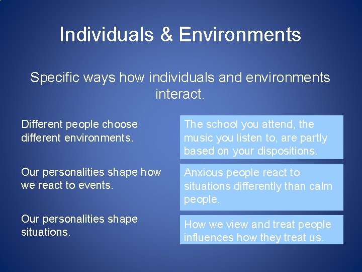 Individuals & Environments Specific ways how individuals and environments interact. Different people choose different