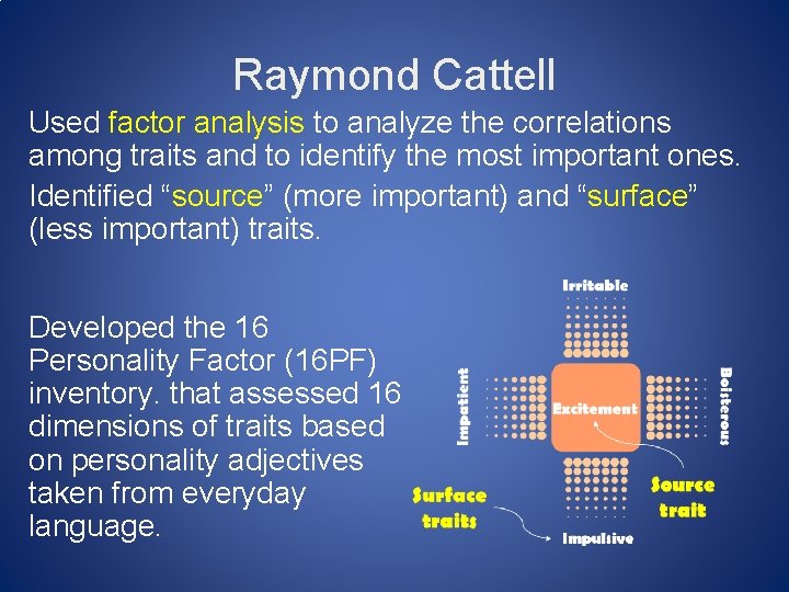 Raymond Cattell Used factor analysis to analyze the correlations among traits and to identify