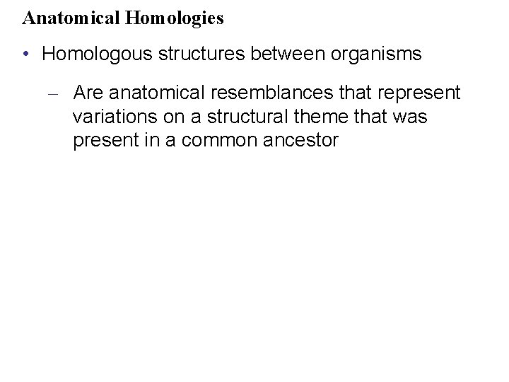 Anatomical Homologies • Homologous structures between organisms – Are anatomical resemblances that represent variations