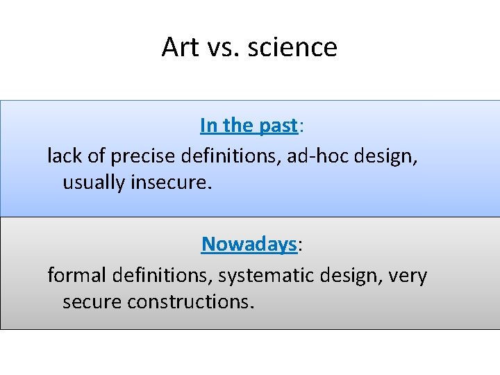 Art vs. science In the past: lack of precise definitions, ad-hoc design, usually insecure.