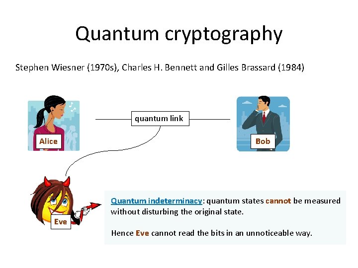 Quantum cryptography Stephen Wiesner (1970 s), Charles H. Bennett and Gilles Brassard (1984) quantum