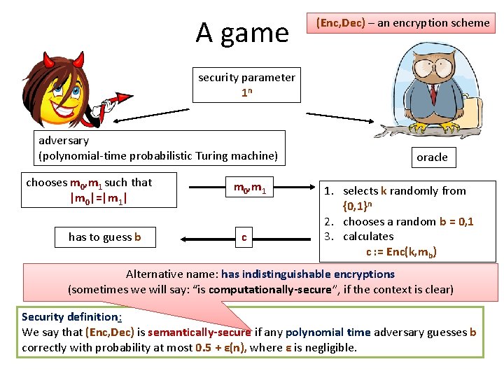 A game (Enc, Dec) – an encryption scheme security parameter 1 n adversary (polynomial-time