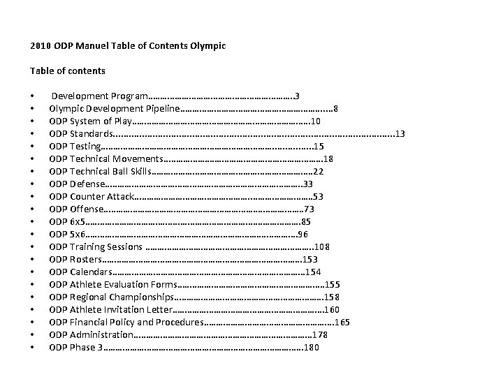 2010 ODP Manuel Table of Contents Olympic Table of contents • • • •