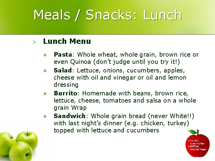 Meals / Snacks: Lunch Ø Lunch Menu l l Pasta: Whole wheat, whole grain,