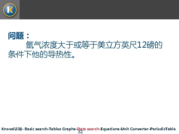 问题： 氩气浓度大于或等于美立方英尺 12磅的 条件下他的导热性。 Knovel认知- Basic search-Tables Graphs-Data search-Equations-Unit Converter-Periodic. Table 32 