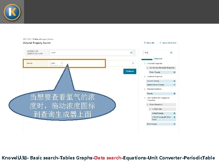 当想要查看氩气的浓 度时，拖动浓度图标 到查询生成器上面 Knovel认知- Basic search-Tables Graphs-Data search-Equations-Unit Converter-Periodic. Table 