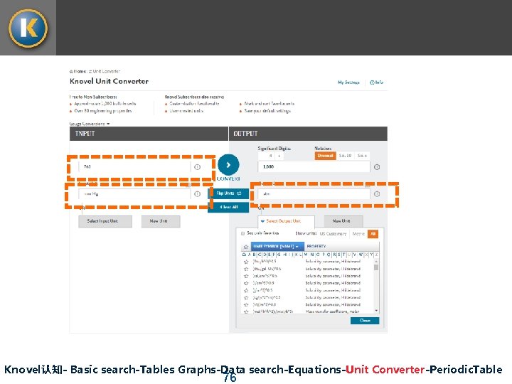Knovel认知- Basic search-Tables Graphs-Data search-Equations-Unit Converter-Periodic. Table 76 