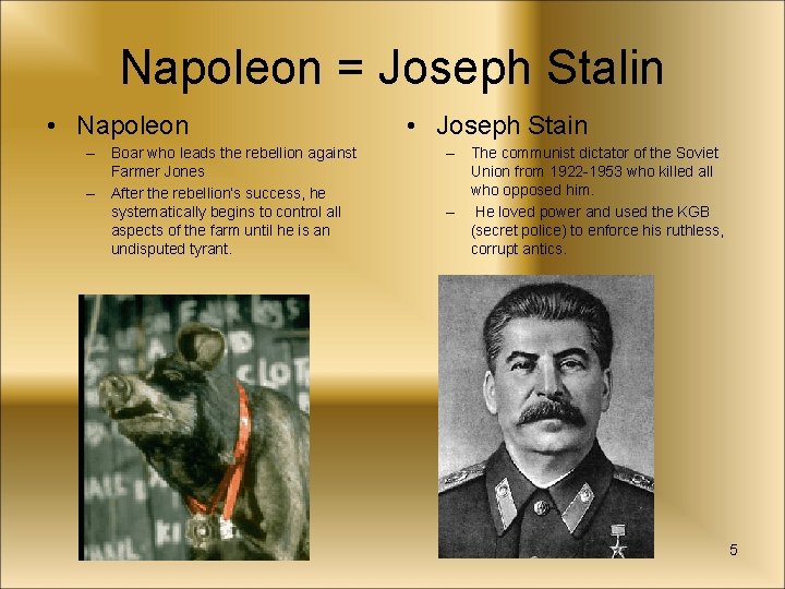 Napoleon = Joseph Stalin • Napoleon – Boar who leads the rebellion against Farmer