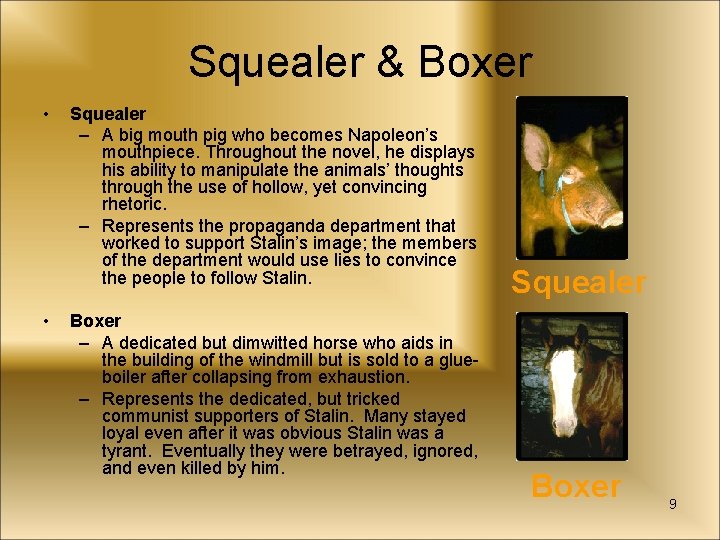 Squealer & Boxer • • Squealer – A big mouth pig who becomes Napoleon’s