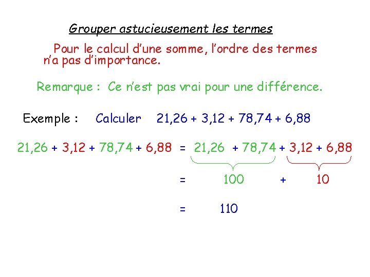 Grouper astucieusement les termes Pour le calcul d’une somme, l’ordre des termes n’a pas
