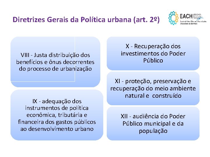 Diretrizes Gerais da Política urbana (art. 2º) VIII - Justa distribuição dos benefícios e