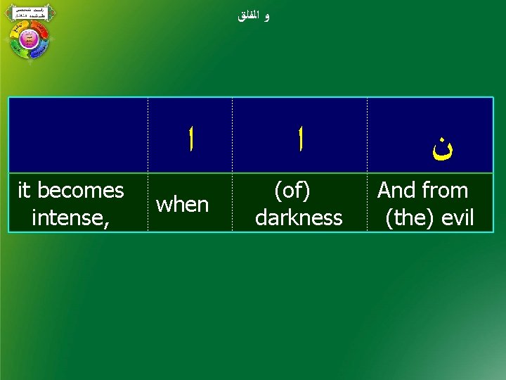  ﻭ ﺍﻟﻔﻠﻖ ﺍ it becomes intense, when ﺍ (of) darkness ﻥ And from