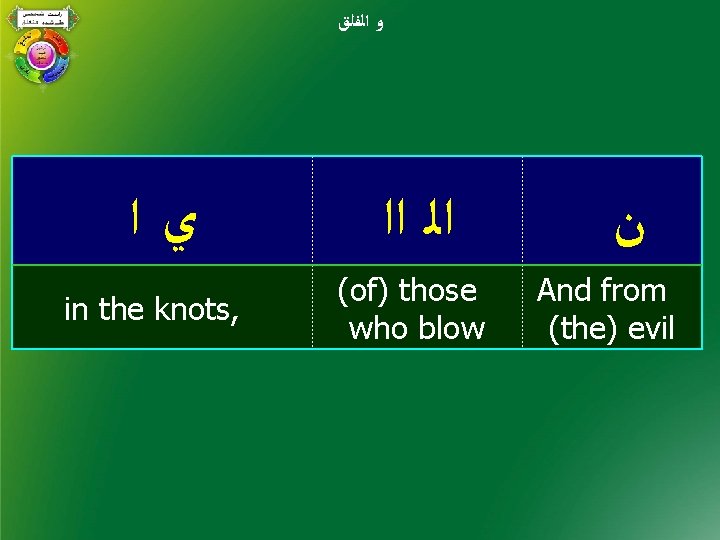  ﻭ ﺍﻟﻔﻠﻖ ﻱﺍ in the knots, ﺍﻟ ﺍﺍ (of) those who blow ﻥ