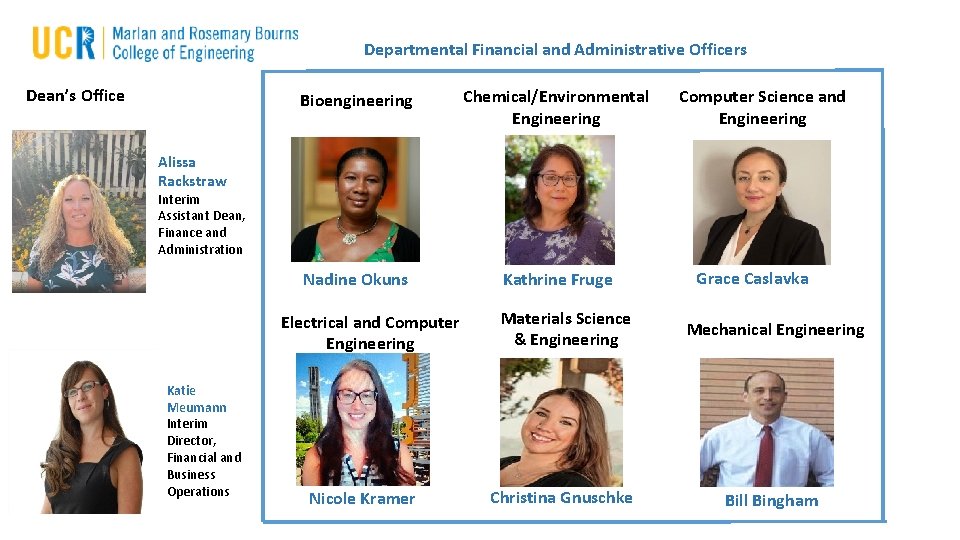 Departmental Financial and Administrative Officers Dean’s Office Bioengineering Chemical/Environmental Engineering Nadine Okuns Kathrine Fruge