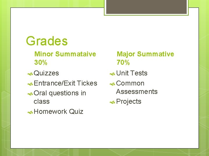 Grades Minor Summataive 30% Quizzes Entrance/Exit Tickes Oral questions in class Homework Quiz Major