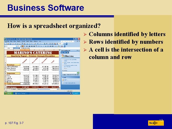 Business Software How is a spreadsheet organized? Columns identified by letters Ø Rows identified Business Software How is a spreadsheet organized? Columns identified by letters Ø Rows identified