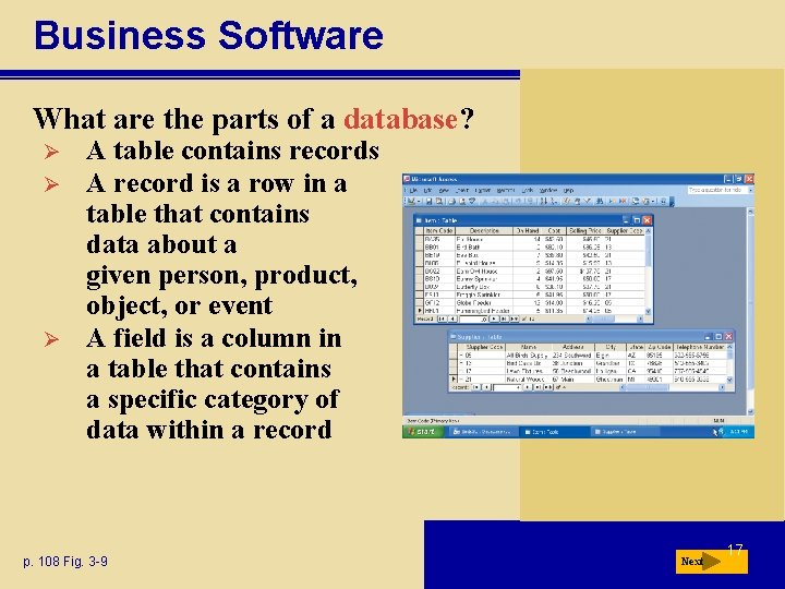 Business Software What are the parts of a database? Ø Ø Ø A table Business Software What are the parts of a database? Ø Ø Ø A table