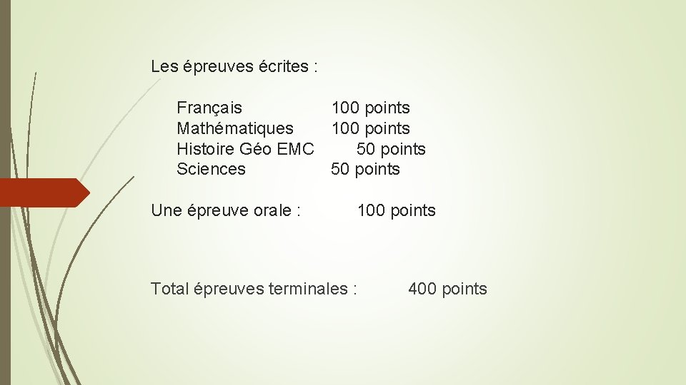 Les épreuves écrites : Français 100 points Mathématiques 100 points Histoire Géo EMC 50