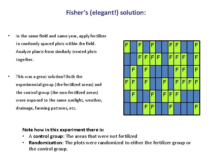 Fisher’s (elegant!) solution: • In the same field and same year, apply fertilizer to