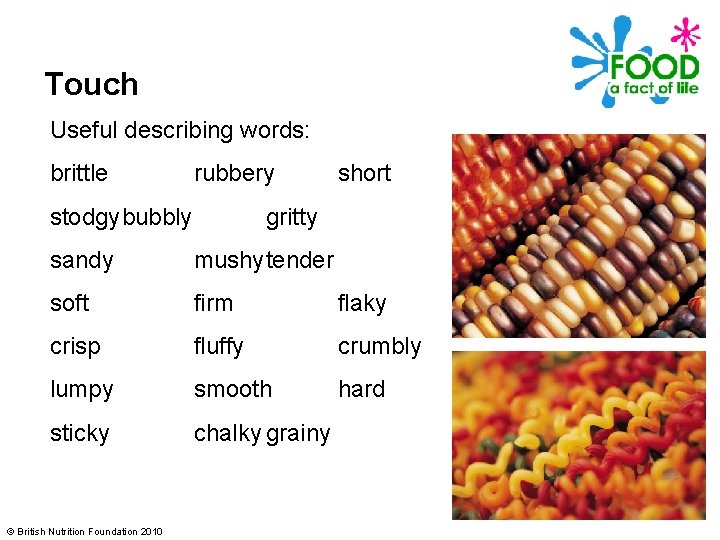 Touch Useful describing words: brittle rubbery stodgybubbly short gritty sandy mushytender soft firm flaky