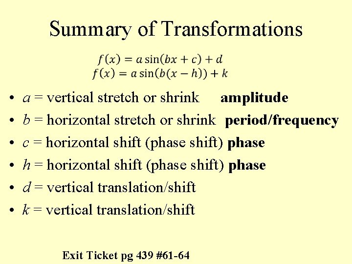 Summary of Transformations • • • a = vertical stretch or shrink amplitude b