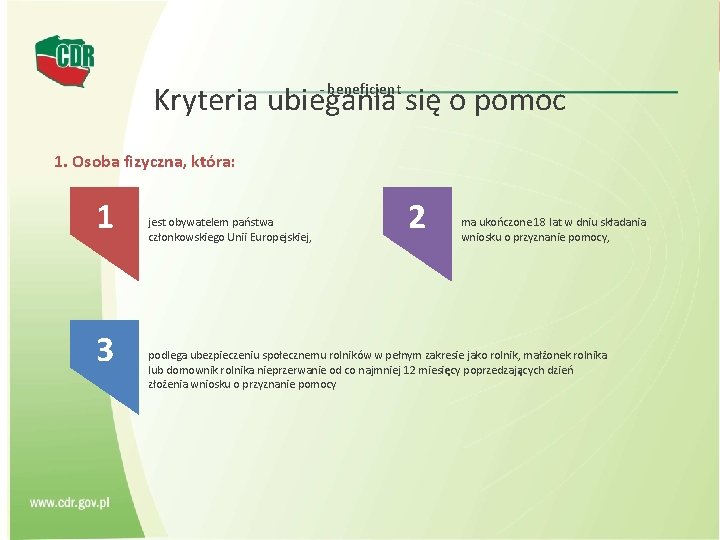 Kryteria ubiegania się o pomoc - beneficjent 1. Osoba fizyczna, która: 1 3 jest