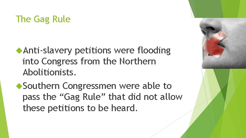 The Gag Rule Anti-slavery petitions were flooding into Congress from the Northern Abolitionists. Southern