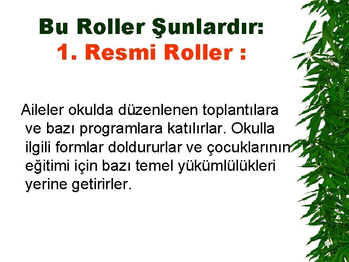 Bu Roller Şunlardır: 1. Resmi Roller : Aileler okulda düzenlenen toplantılara ve bazı programlara