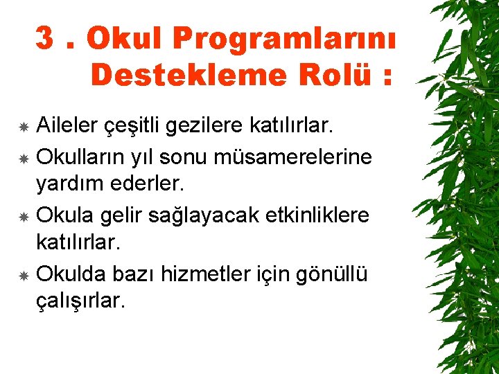 3. Okul Programlarını Destekleme Rolü : Aileler çeşitli gezilere katılırlar. Okulların yıl sonu müsamerelerine