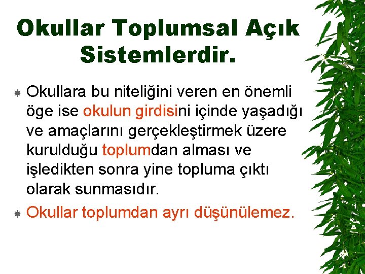 Okullar Toplumsal Açık Sistemlerdir. Okullara bu niteliğini veren en önemli öge ise okulun girdisini