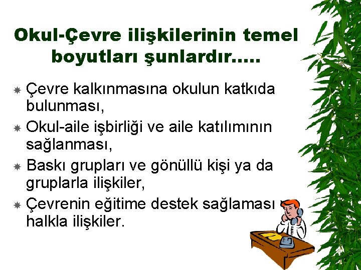 Okul-Çevre ilişkilerinin temel boyutları şunlardır. . . Çevre kalkınmasına okulun katkıda bulunması, Okul-aile işbirliği