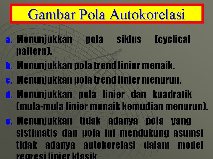 Gambar Pola Autokorelasi a. Menunjukkan b. c. d. e. pola siklus (cyclical pattern). Menunjukkan