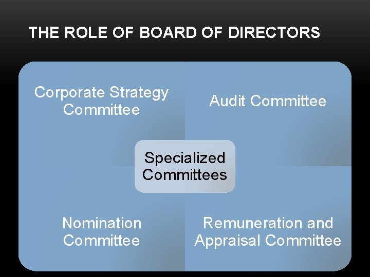 THE ROLE OF BOARD OF DIRECTORS Corporate Strategy Committee Audit Committee Specialized Committees Nomination