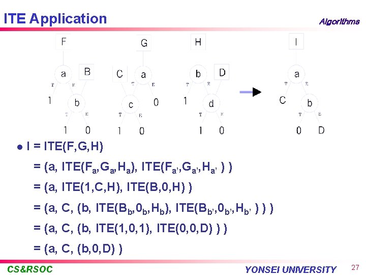ITE Application l Algorithms I = ITE(F, G, H) = (a, ITE(Fa, Ga, Ha),