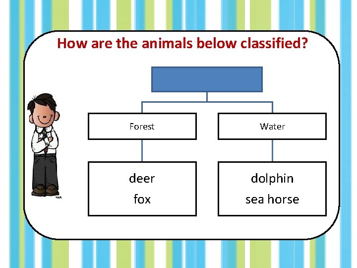 How are the animals below classified? Animals and their Habitat Forest Water deer dolphin