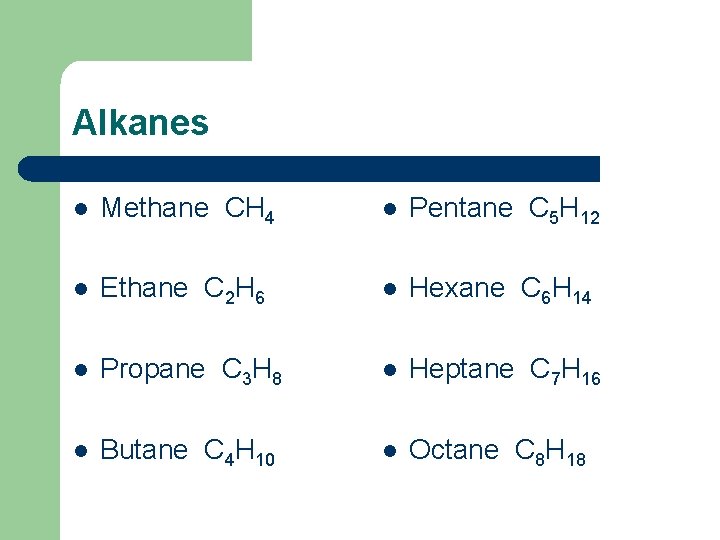 Alkanes l Methane CH 4 l Pentane C 5 H 12 l Ethane C