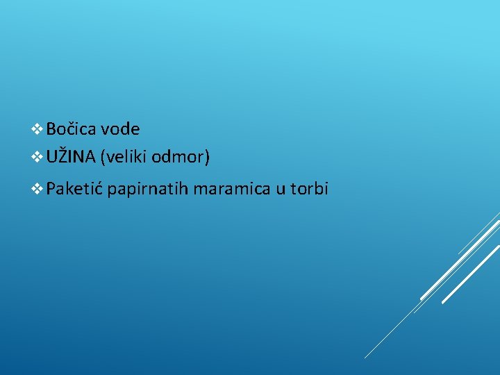 v Bočica vode v UŽINA (veliki odmor) v Paketić papirnatih maramica u torbi v Bočica vode v UŽINA (veliki odmor) v Paketić papirnatih maramica u torbi