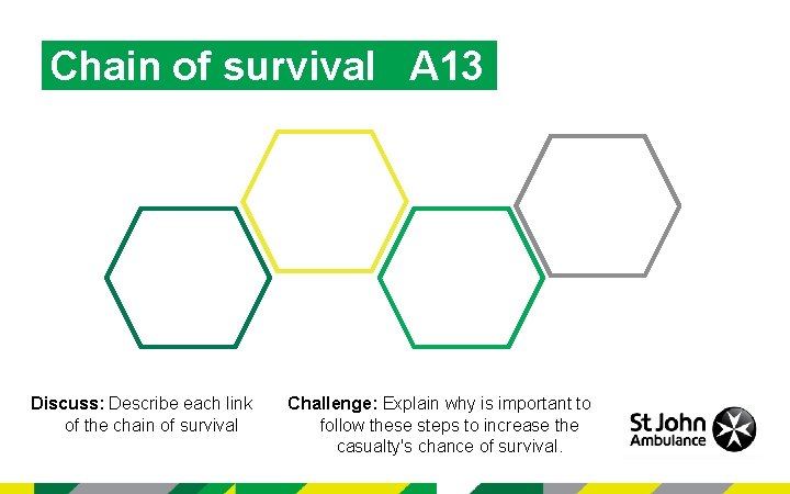 Chain of survival A 13 Discuss: Describe each link of the chain of survival