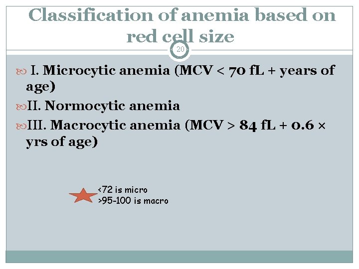 Classification of anemia based on red cell size 20 I. Microcytic anemia (MCV <