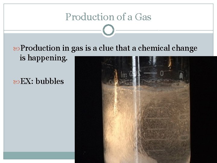 Production of a Gas Production in gas is a clue that a chemical change