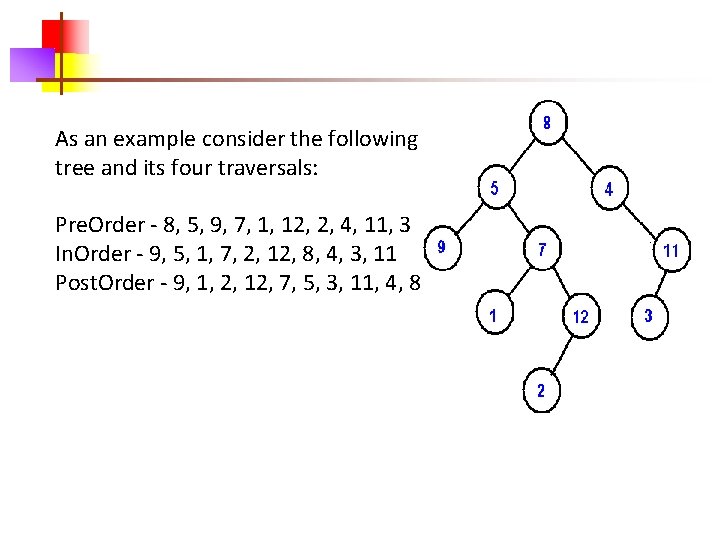 As an example consider the following tree and its four traversals: Pre. Order -
