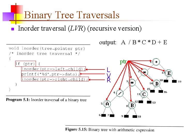 Binary Tree Traversals n Inorder traversal (LVR) (recursive version) output: A / B *